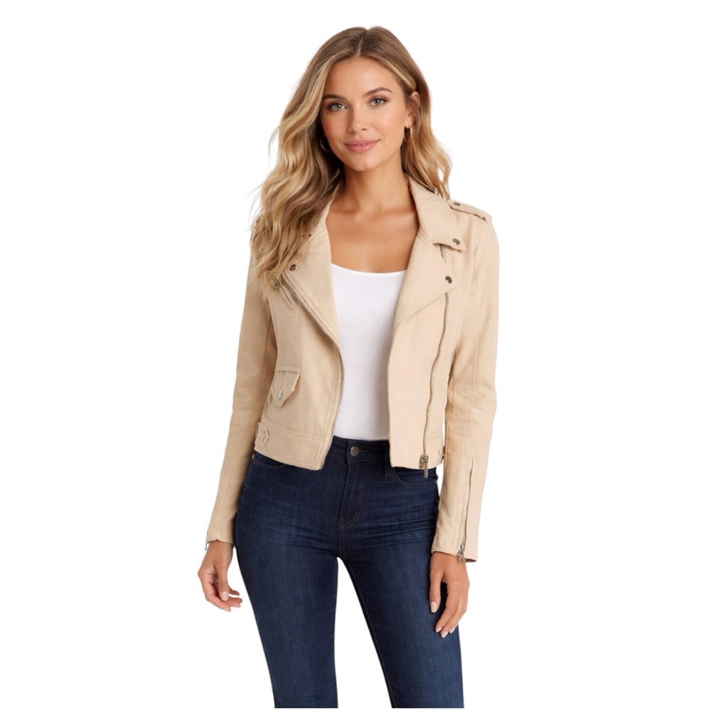 BlankNYC NWT Women’s Crepe Moto Jacket Studded Natural Ivory Cotton Size Medium